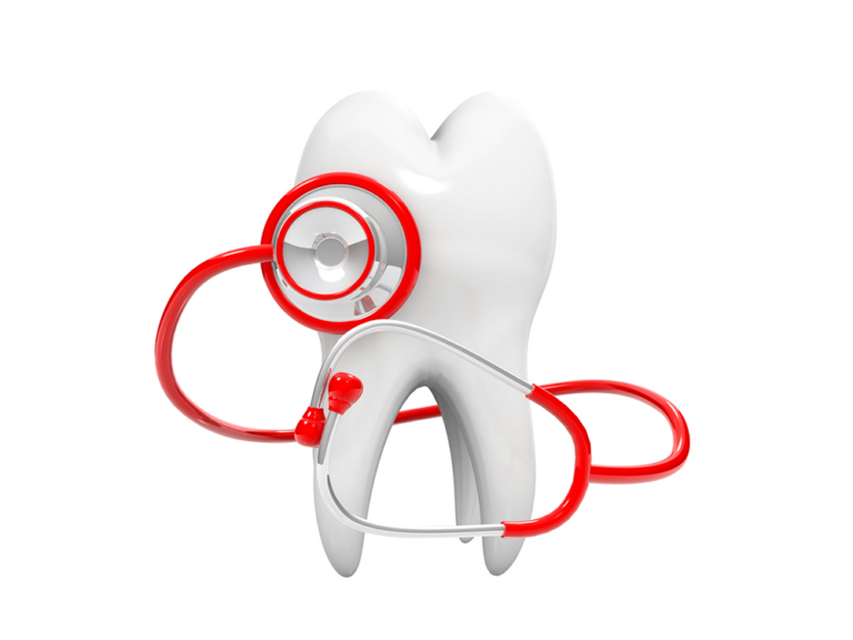 A large, white tooth stands upright with a red and silver stethoscope wrapped around it, the chest piece pressed against the enamel. The image symbolizes the connection between oral and overall health, emphasizing the importance of dental checkups in medical care.